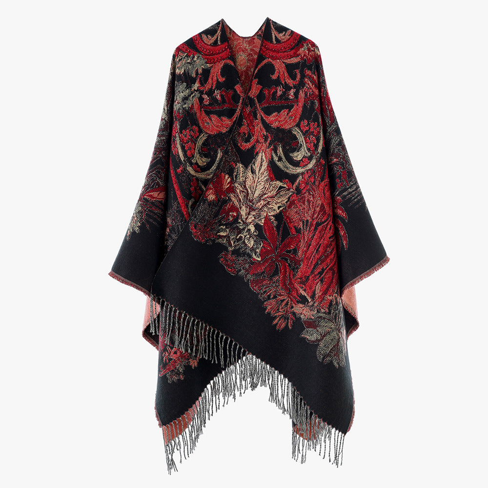 Damen Gefütterter Jacquard-Capeponcho mit floralem Barockmuster und Fransen Drune
