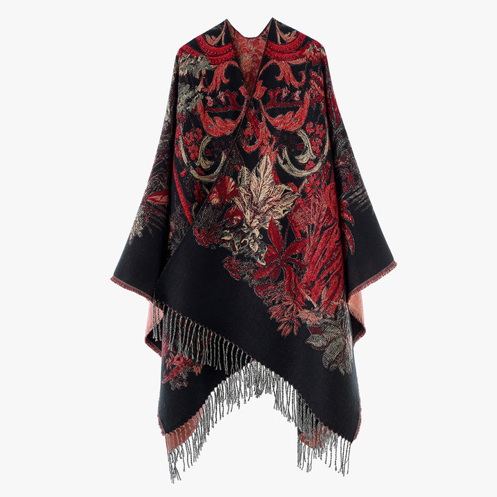 Damen Gefütterter Jacquard-Capeponcho mit floralem Barockmuster und Fransen Drune
