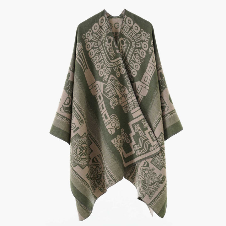 Damen Oversize‑Jacquard‑Wrapcape mit geometrischem Aztekenmuster Drune