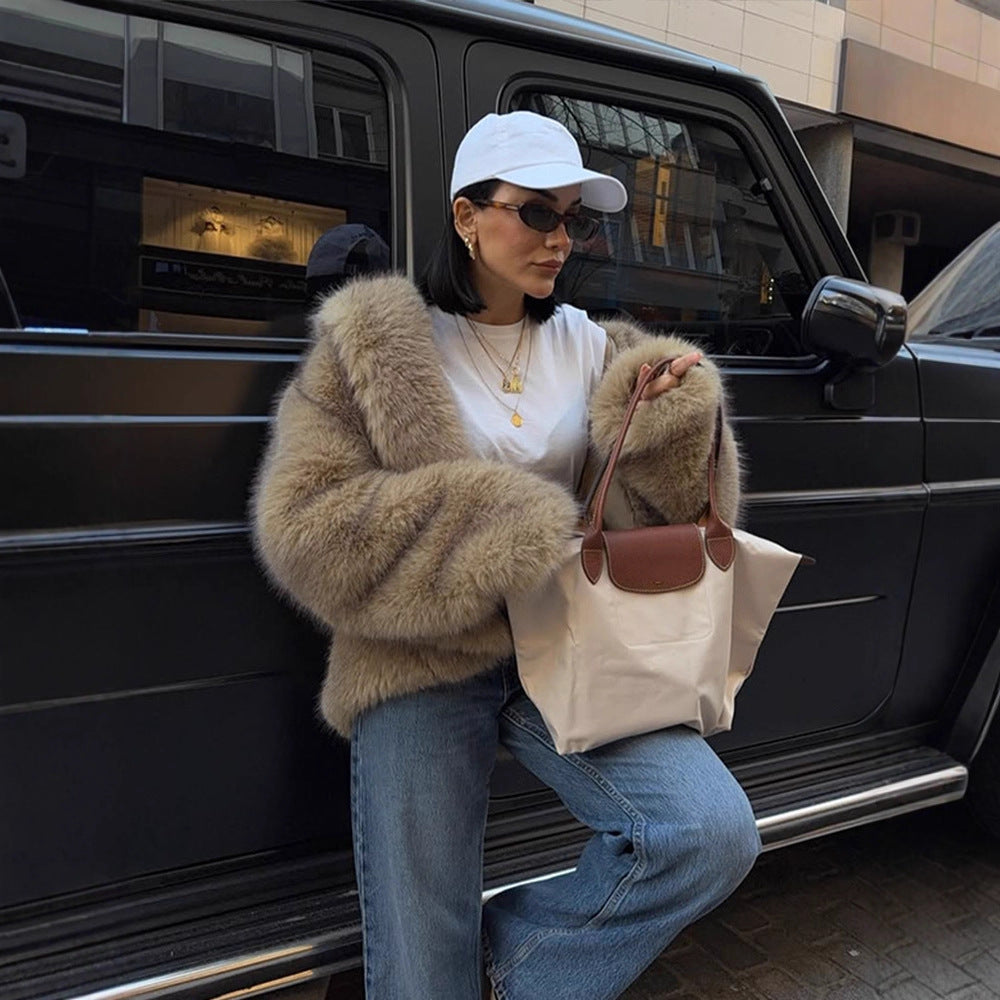 Damen Boxy-Kunstpelzjacke im Teddy-Look mit Oversize-Schalkragen Drune