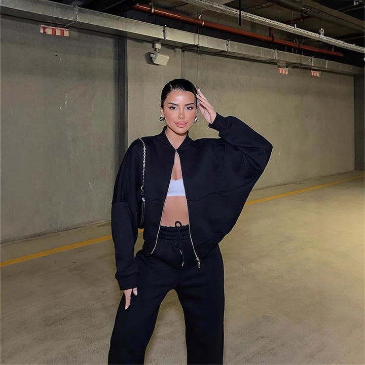 Damen nan Oversize Reißverschlussjacke mit weiter High-Waist Loungehose Set Drune