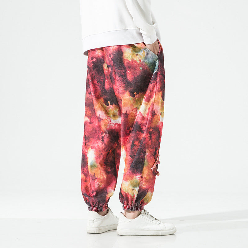 Herren Tie-Dye Baggy Jogginghose mit Tunnelzug, Gummibündchen und dekorativen Riemen Drune
