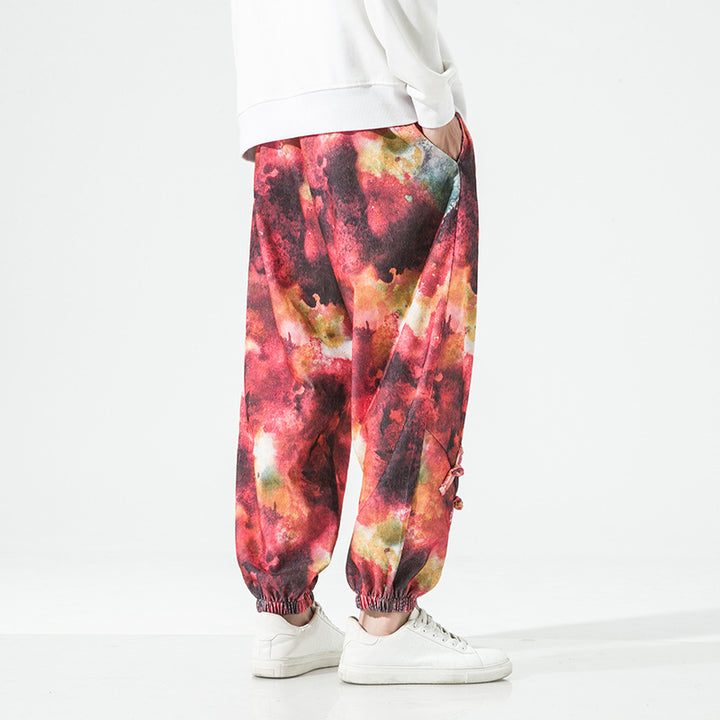 Herren Tie-Dye Baggy Jogginghose mit Tunnelzug, Gummibündchen und dekorativen Riemen Drune