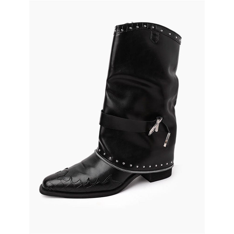 Damen Biker‑Western Midcalf‑Stiefel mit Ziernieten, Schnallenriemen und geprägter Zehenkappe Drune