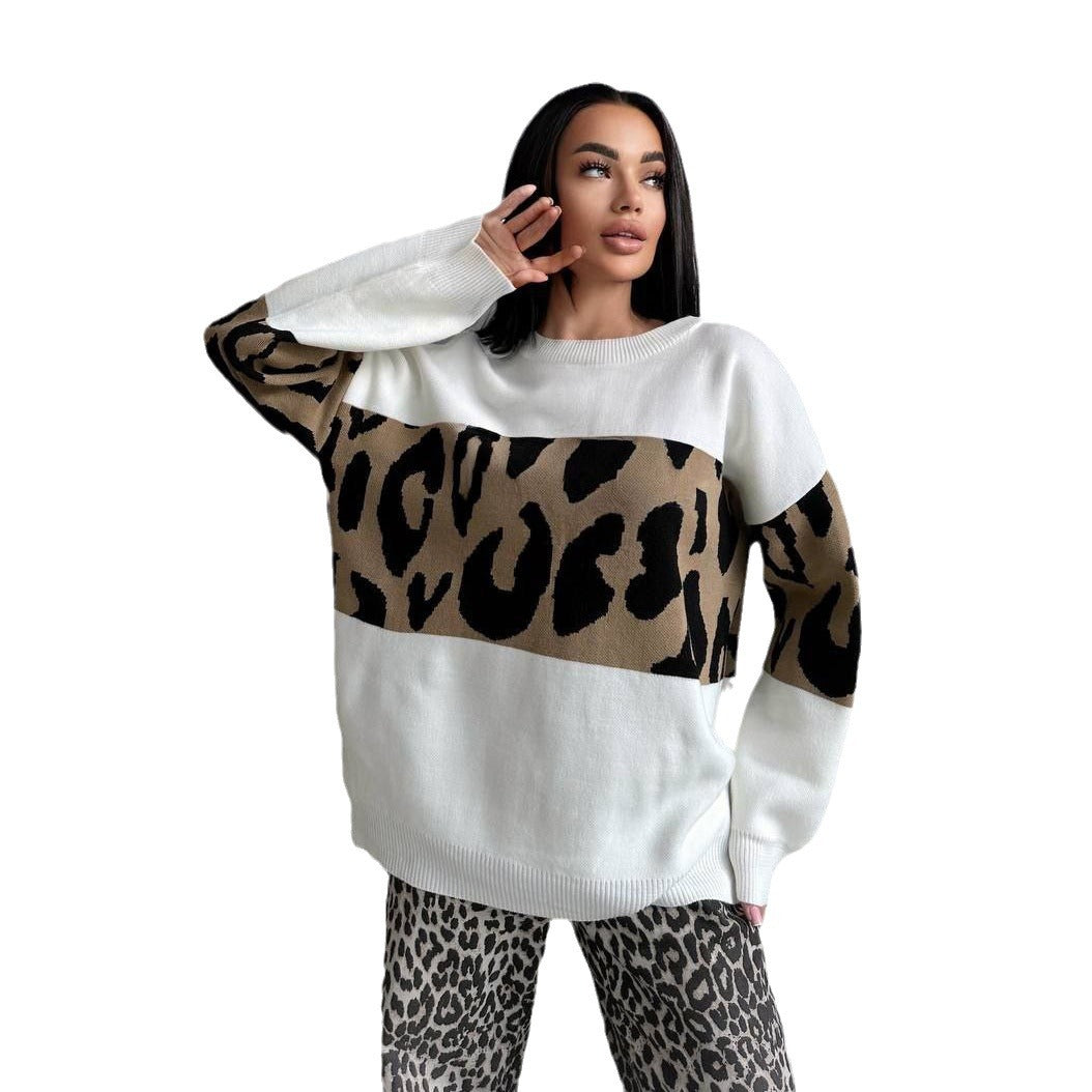 Damen Oversized Strickpullover mit Leoparden-Bahnen, überschnittener Schulter und geripptem Saum Drune