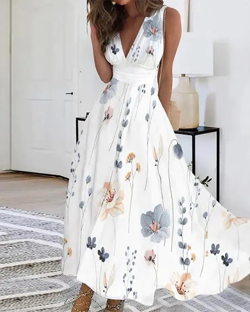 Damen nan ausgestelltes Midikleid mit tiefem V-Ausschnitt, Empire-Taille und zartem Blumenprint Drune