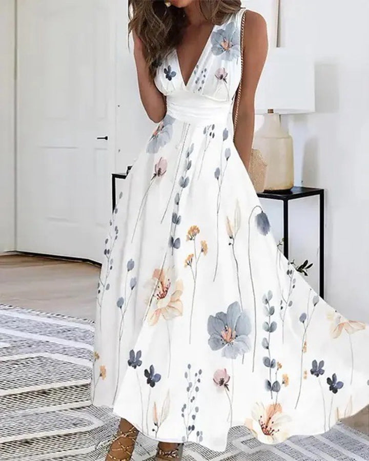 Damen nan ausgestelltes Midikleid mit tiefem V-Ausschnitt, Empire-Taille und zartem Blumenprint Drune