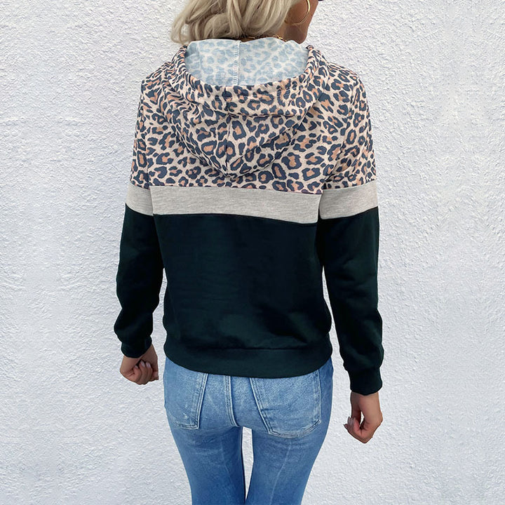 Damen Kapuzenpullover mit Leo-Print, Colorblock-Einsatz und Kängurutasche Drune