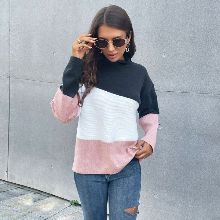 Damen Dreifarbiger Strukturstrick-Pullover mit Stehkragen und lässiger Oversize-Silhouette Drune