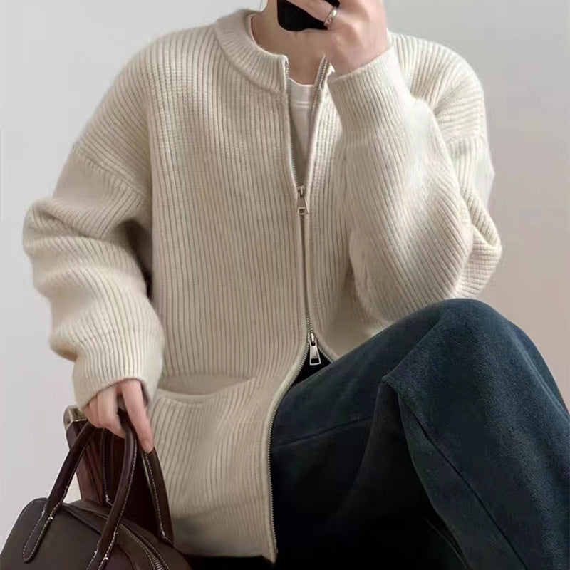 Damen lässige Strickjacke mit Reißverschluss und großen Taschen Drune