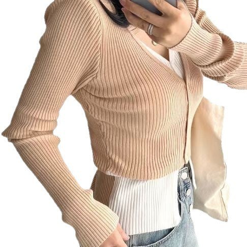 Damen Cropped Cardigan mit feinem Rippmuster und V-Ausschnitt Drune