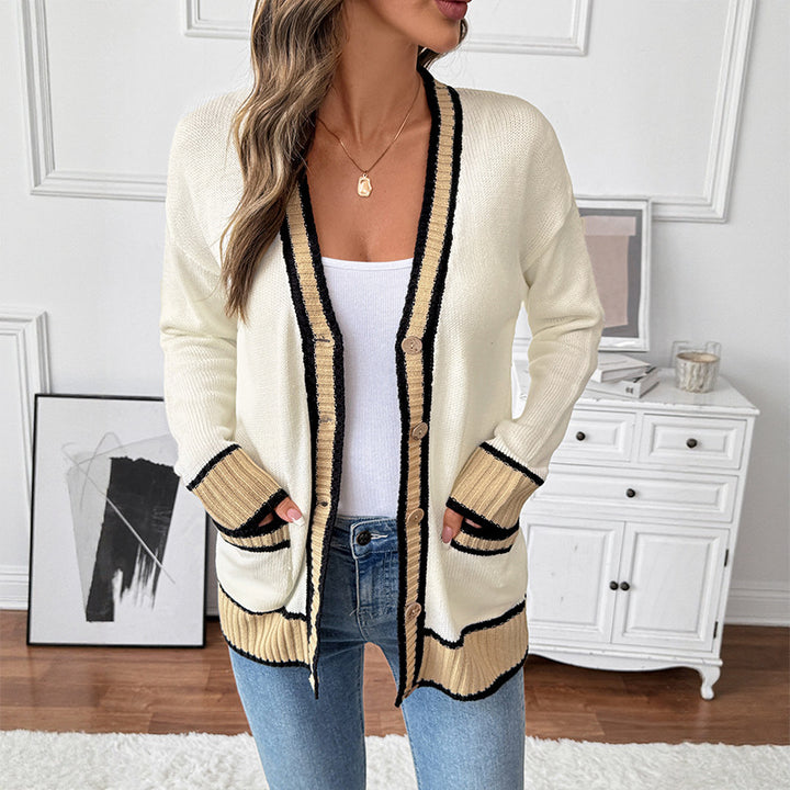 Damen Strickcardigan mit kontrastkanten, V-Ausschnitt, Knopfverschluss und aufgesetzten Taschen Drune