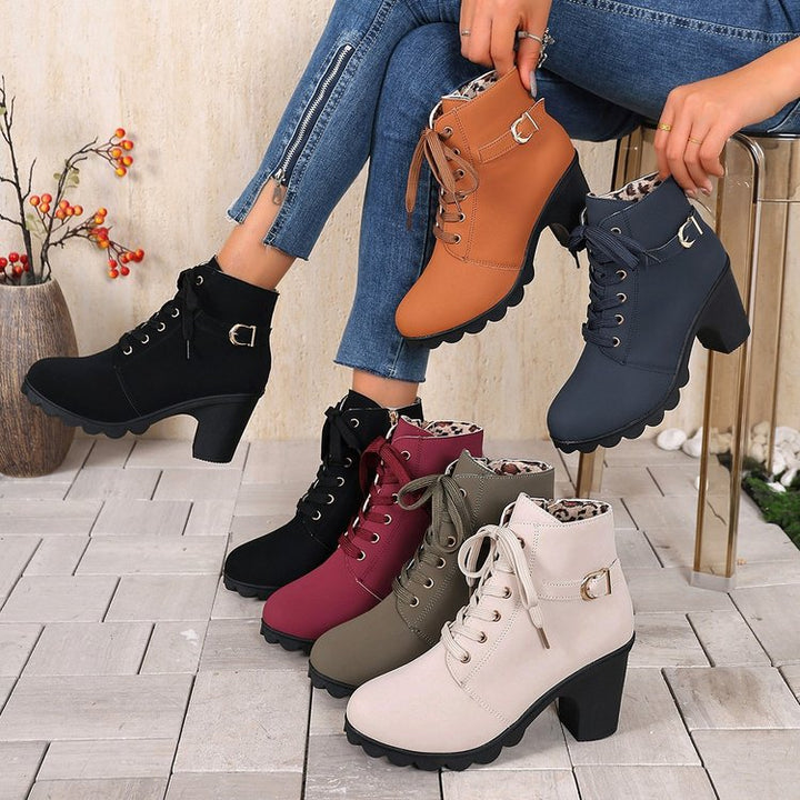Damen nan knöchelhohe Schnür-Stiefelette mit seitlichem Reißverschluss, dekorativer Gürtelschlaufe, mittelhohem Blockabsatz und profilstarker Laufsohle Drune