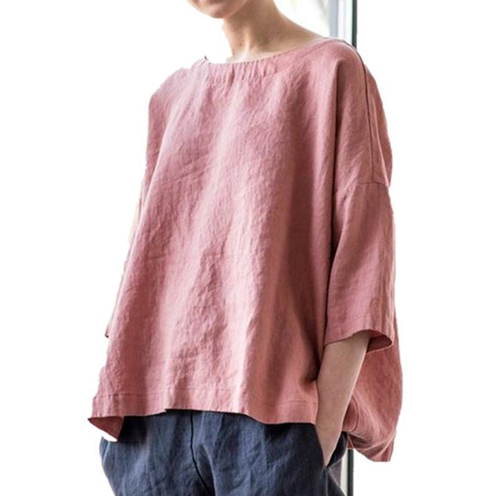 Damen Oversized Leinenbluse mit weitem Boxy‑Schnitt, U‑Boot‑Ausschnitt und 3/4‑Ärmeln Drune