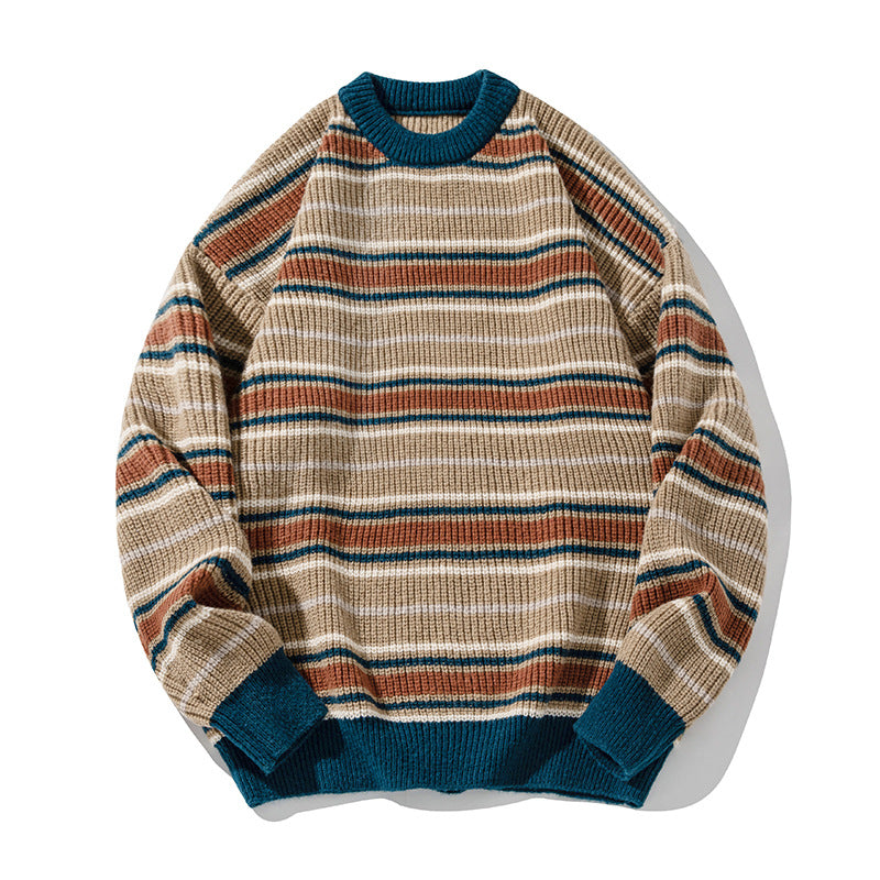 Unisex Grobstrickpullover im Streifenmuster mit Rippenstruktur, Rundhals und Drop-Shoulder Drune