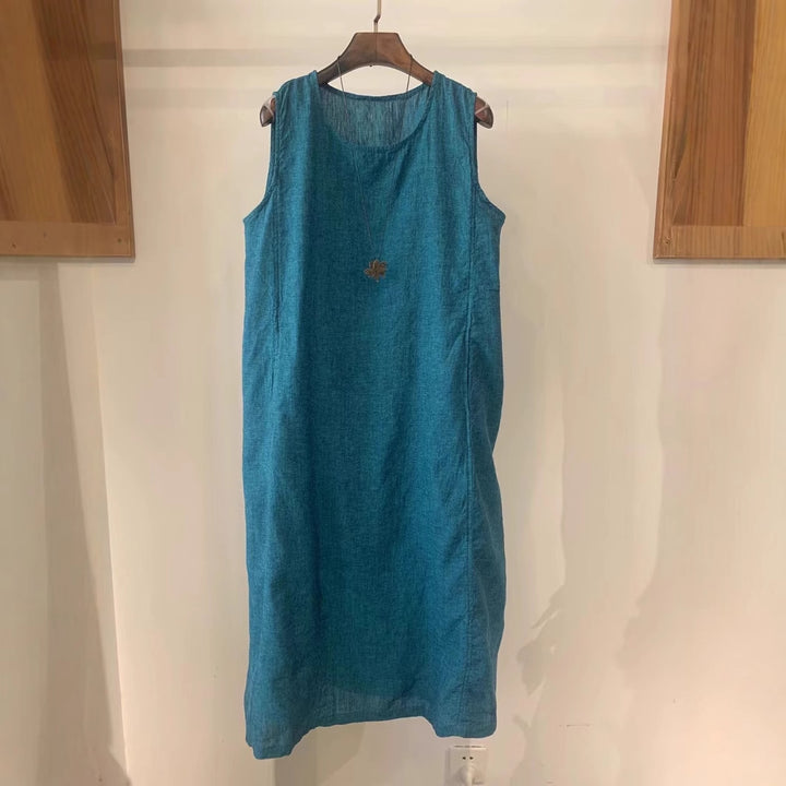 Damen Ärmelloses Leinen Shift Kleid Drune