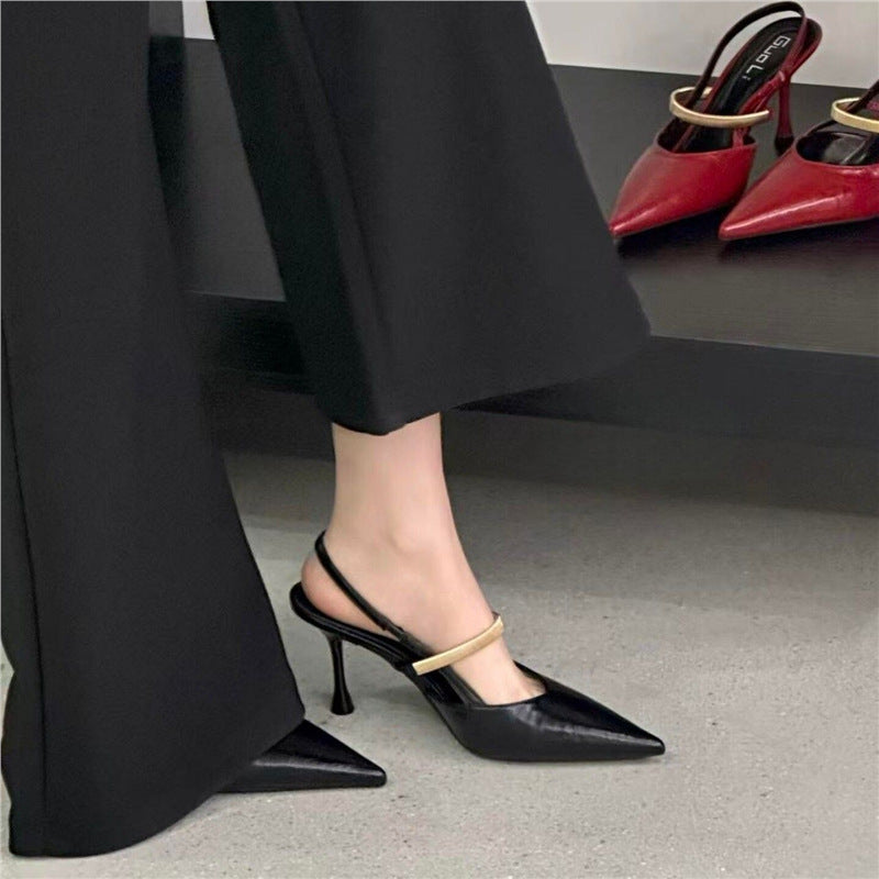 Damen Spitz zulaufende Slingback-Mules mit goldfarbenem Zierriemen und skulpturiertem Stiletto-Absatz Drune