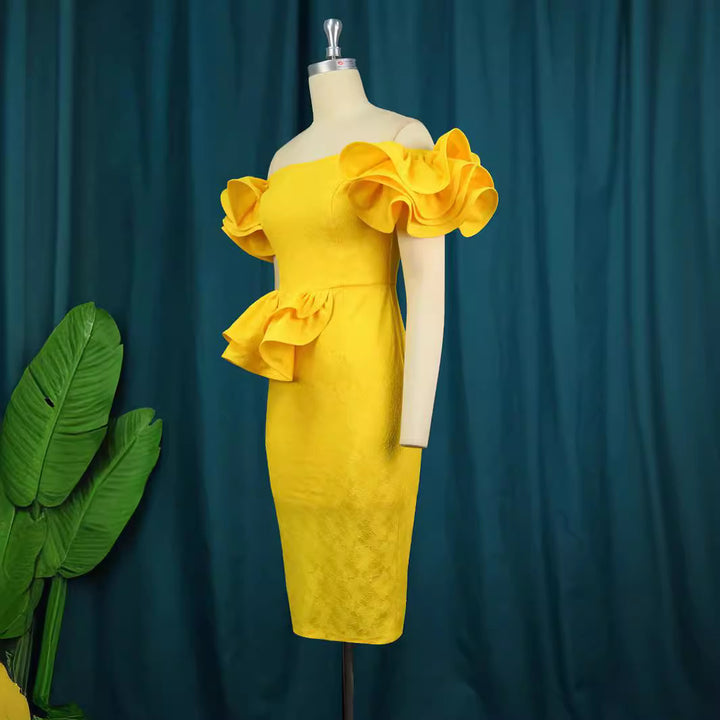 Damen figurbetontes Cocktailkleid mit voluminösen Rüschenärmeln Drune