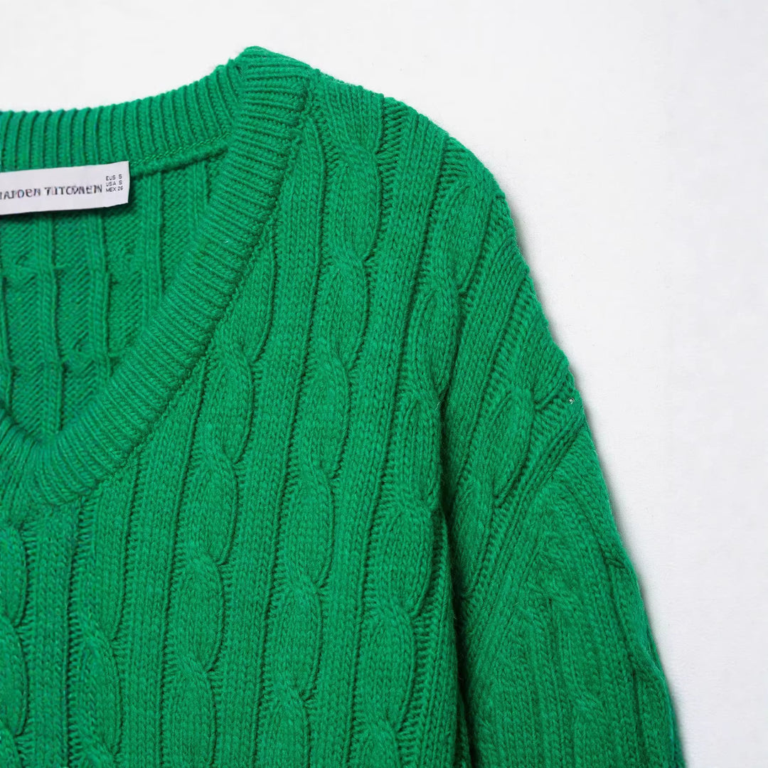 Damen Grobgestrickter V‑Ausschnitt Zopfstrickpullover mit Rippbündchen Drune