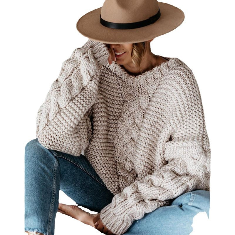 Damen Grobstrickpullover mit Zopfmuster und weitem Schnitt Drune