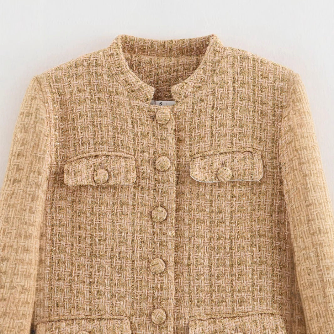 Damen nan taillierte Bouclé-Tweed Jacke mit Stehkragen und vier Zier-Taschen Drune