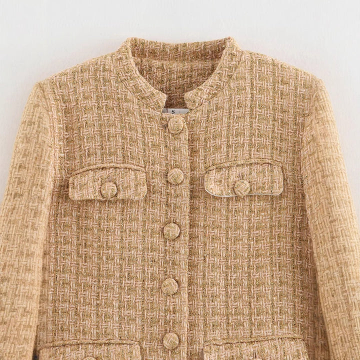 Damen nan taillierte Bouclé-Tweed Jacke mit Stehkragen und vier Zier-Taschen Drune