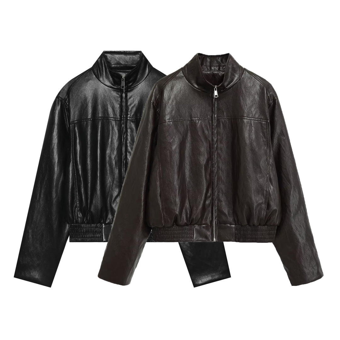 Damen Oversized-Lederblouson im Bomberstil mit Stehkragen und geripptem Saum Drune
