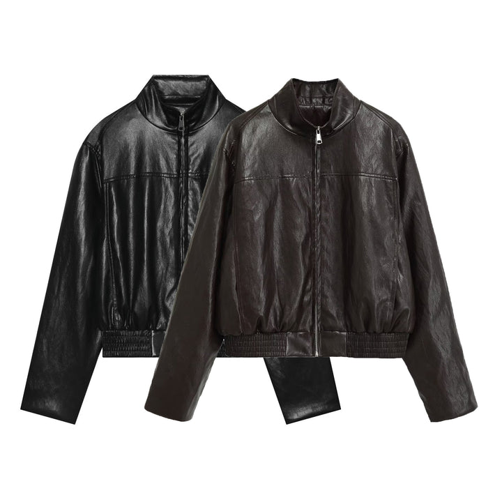 Damen Oversized-Lederblouson im Bomberstil mit Stehkragen und geripptem Saum Drune