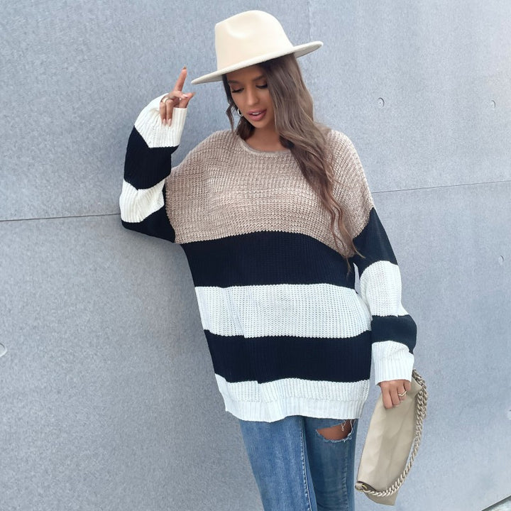 Damen Oversize-Blockstreifen-Pullover aus grobem Strick mit weitem Schnitt Drune