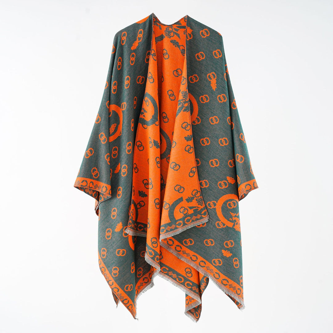 Damen Wendbarer Jacquard-Überwurf mit Fransen und großzügiger Wrap-Silhouette Drune