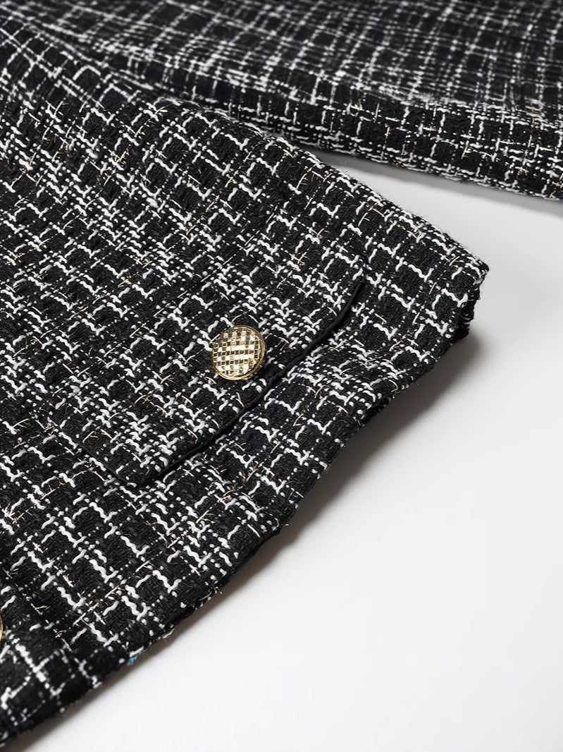Damen elegante Tweed-Jacke mit goldenen Knöpfen Drune