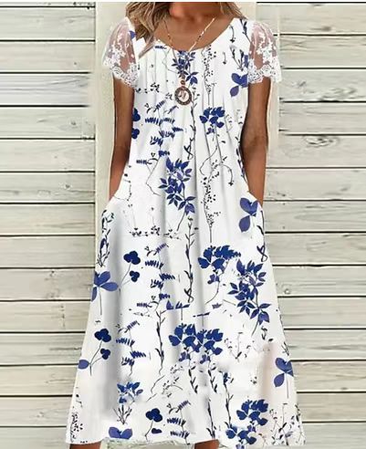 Damen nan luftiges A-Linien-Midikleid mit Spitzenärmeln, Eingrifftaschen und Rundhalsausschnitt Drune