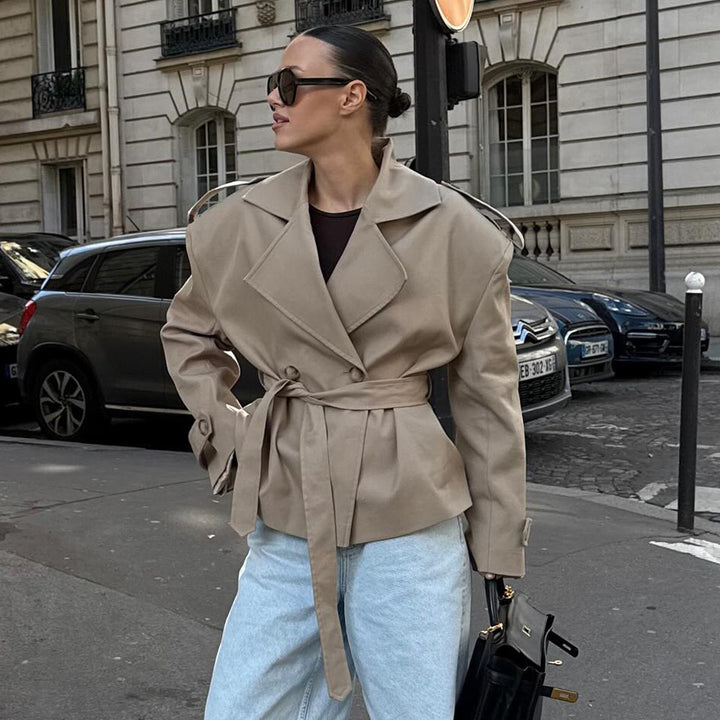 Damen Modischer Trenchcoat mit tailliertem Gürtel und überschnittenen Schultern Drune