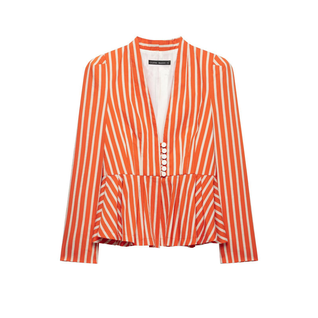 Damen Gestreifte taillierte Peplum‑Jacke mit V‑Ausschnitt und Zierknöpfen Drune