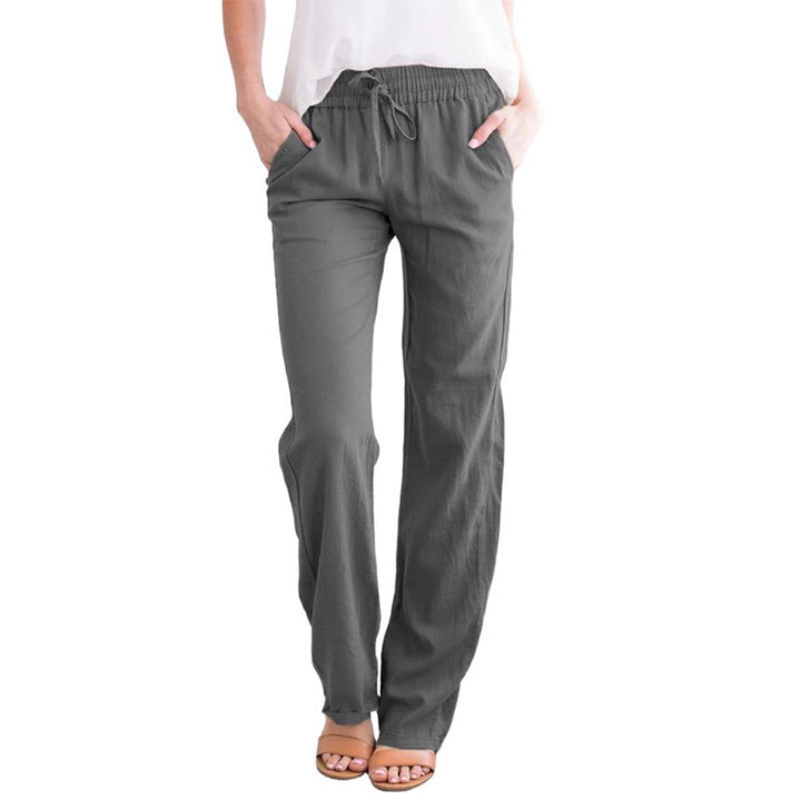 Damen Leichte Leinenoptik Palazzo-Hose mit Gummibund, Tunnelzug und Eingrifftaschen Drune