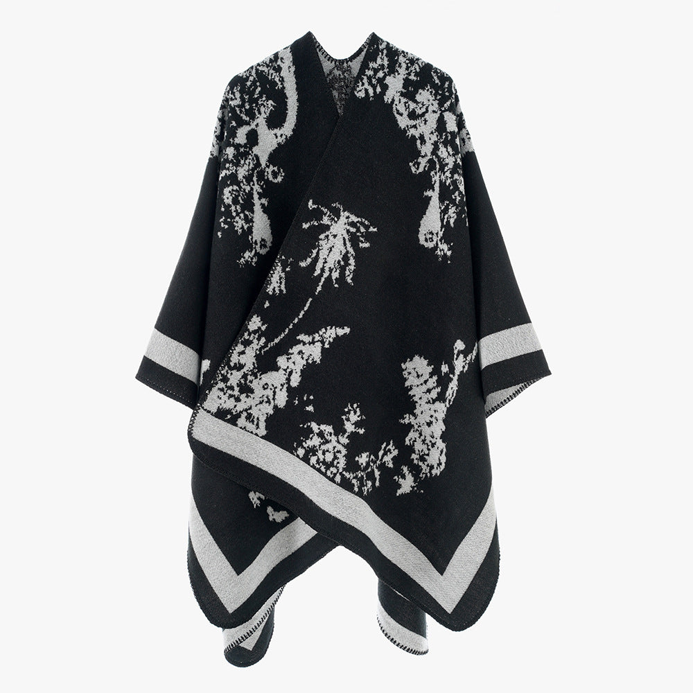 Damen Oversize-Jacquard-Cape aus Wollmix mit abstraktem Blumenmuster Drune