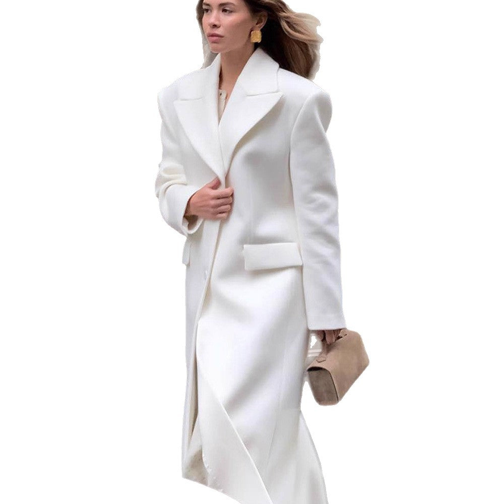 Damen Maxilanger Oversize-Wollmixmantel mit markanten Schulterpolstern und Reverskragen Drune