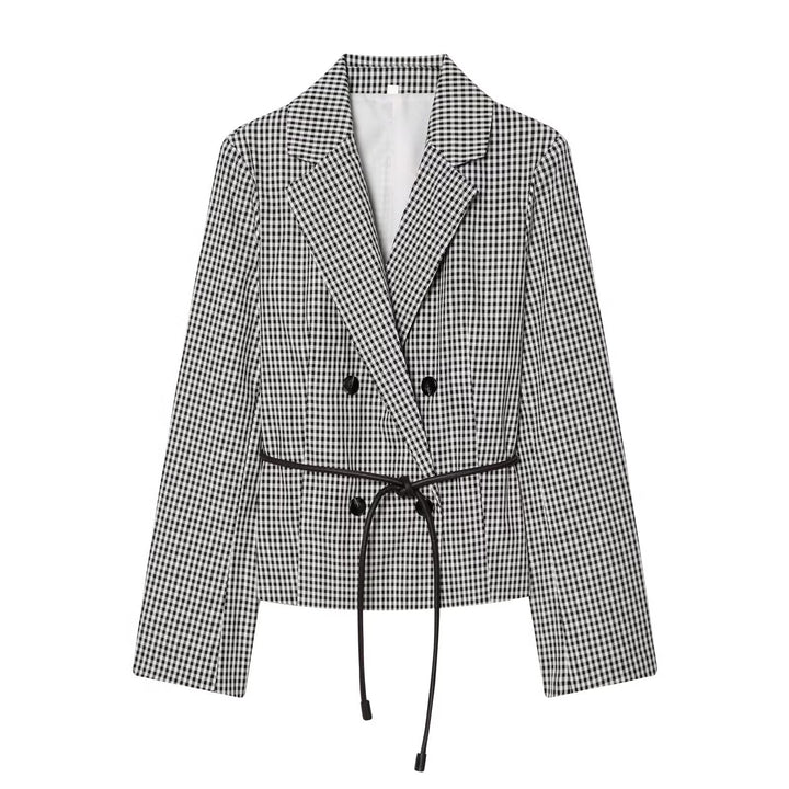 Damen Karo-Cropped-Blazer mit doppelreihiger Knopfleiste und Tunnelzugbindegürtel Drune