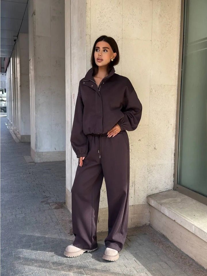 Damen gekürztes Reißverschluss-Hoodie mit Stehkragen und hochgeschnittener Kordel-Jogginghose Drune
