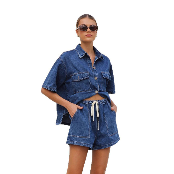 Damen Denim-Crop-Top und Shorts-Set mit praktischen Taschen und lässigem Schnitt Drune