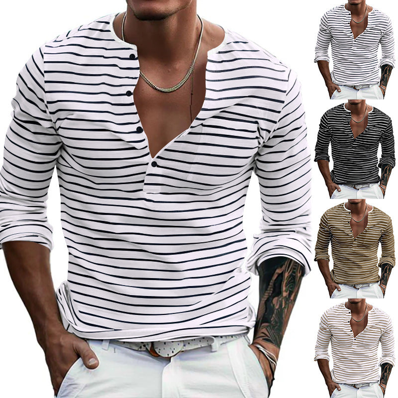 Herren nan gestreiftes Henley-Langarmshirt mit schmaler Knopfleiste, leichtem Baumwollstretch und lässigem Regular Fit Drune
