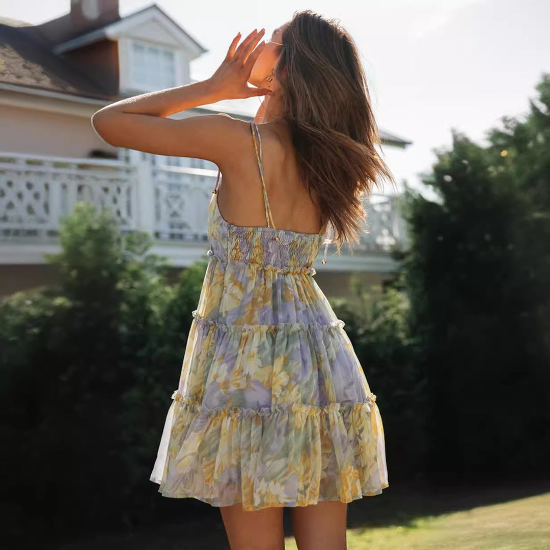 Damen luftiges Sommerkleid mit zarten Rüschen und Spaghetti-Trägern Drune
