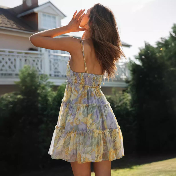 Damen luftiges Sommerkleid mit zarten Rüschen und Spaghetti-Trägern Drune