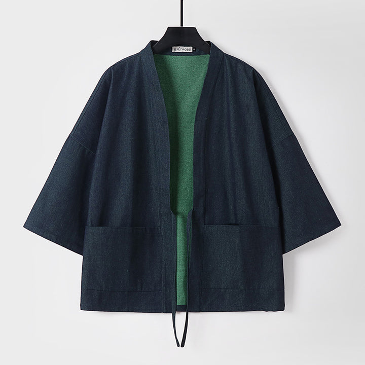 Unisex Leichte Denim-Kimono-Jacke mit kontrastfutter und Bindeband Drune