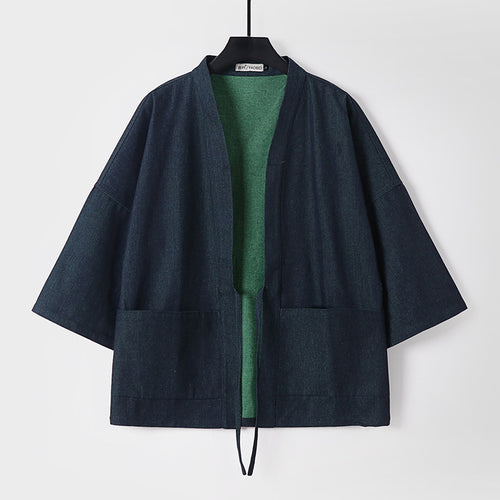 Unisex Leichte Denim-Kimono-Jacke mit kontrastfutter und Bindeband Drune