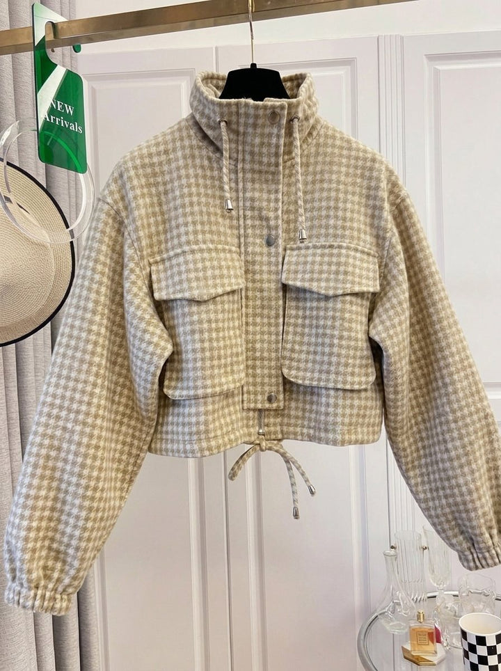 Damen Karo-Cropped-Jacke mit Stehkragen, Tunnelzug und elastischen Bündchen Drune