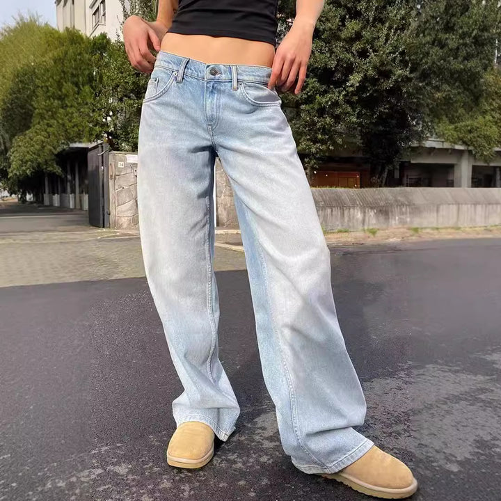Damen nan weites Denim Hosenmodell mit tiefem Bund und weitem Schlag Drune