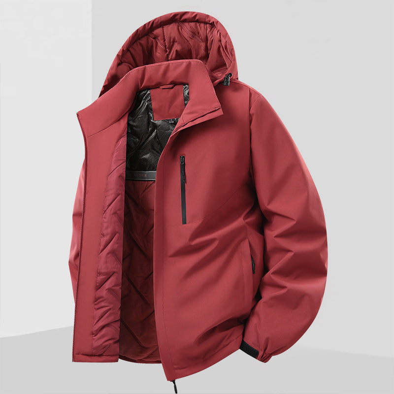 Herren Leichte isolierte Hybrid-Outdoorjacke mit Thermofutter, Kapuze und wasserdichten Reißverschlüssen Drune