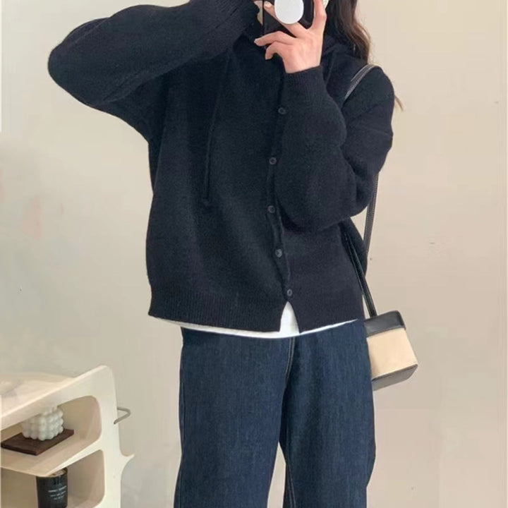 Damen Strickjacke mit Kapuze und Knopfverschluss Drune