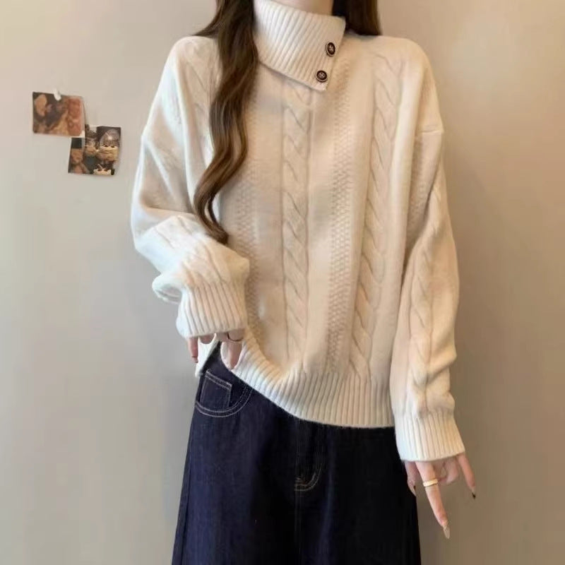 Damen Grobstrickpullover mit hochgeschlossenem Kragen und Knopfdetails Drune